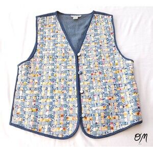Quilted Floral Patchwork Denim Cottagecore Grannycore Teacher 90s Vest - XL